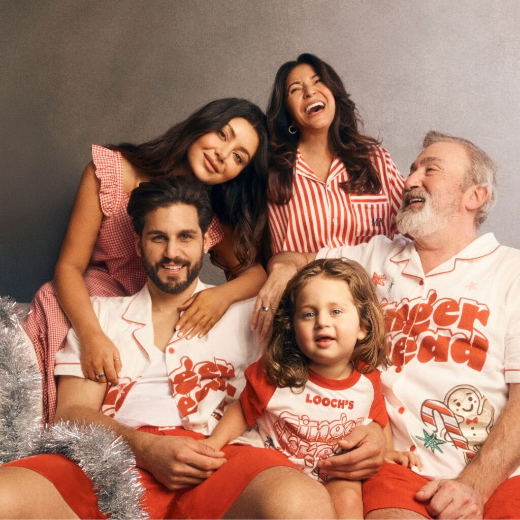 Cotton On Christmas pyjamas with Martha K, Michael Brunelli, their son Looch, and grandparents Mary K and Theo