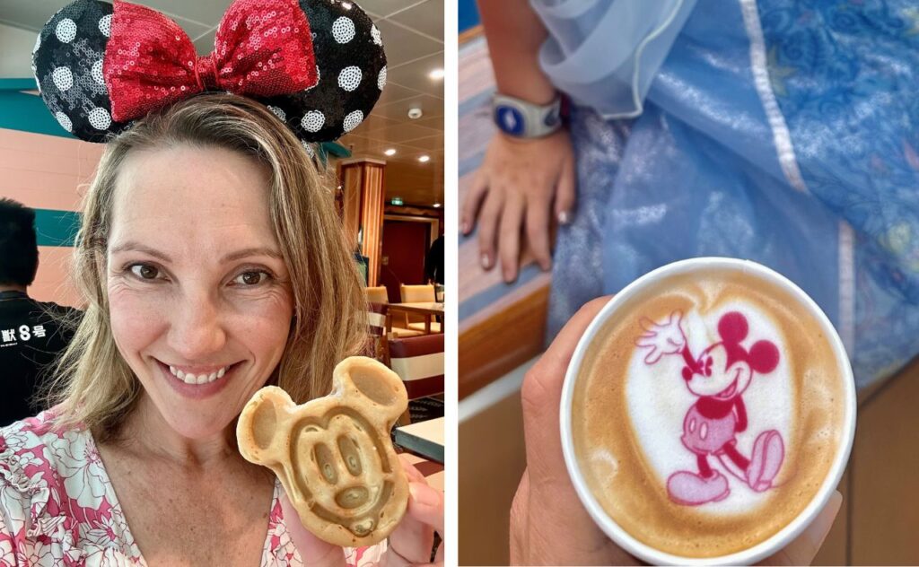 Disney cruise Mickey Mouse waffles and coffee art with Disney characters