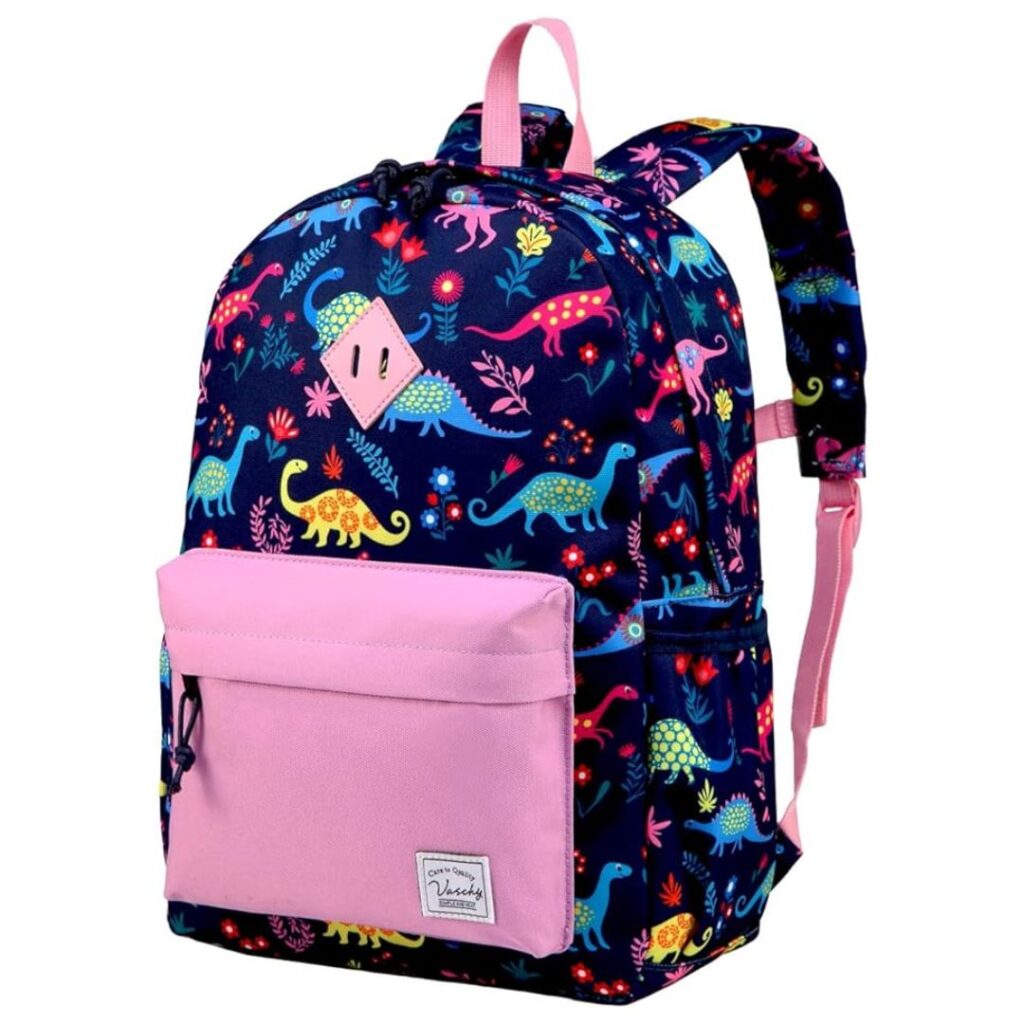 The VASCHY Dinosaur Backpack with pink front pocket.
