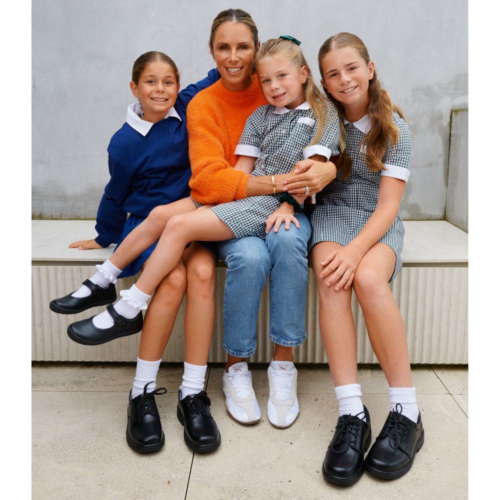 Candice Warner and daughters in Harrison school shoes campaign