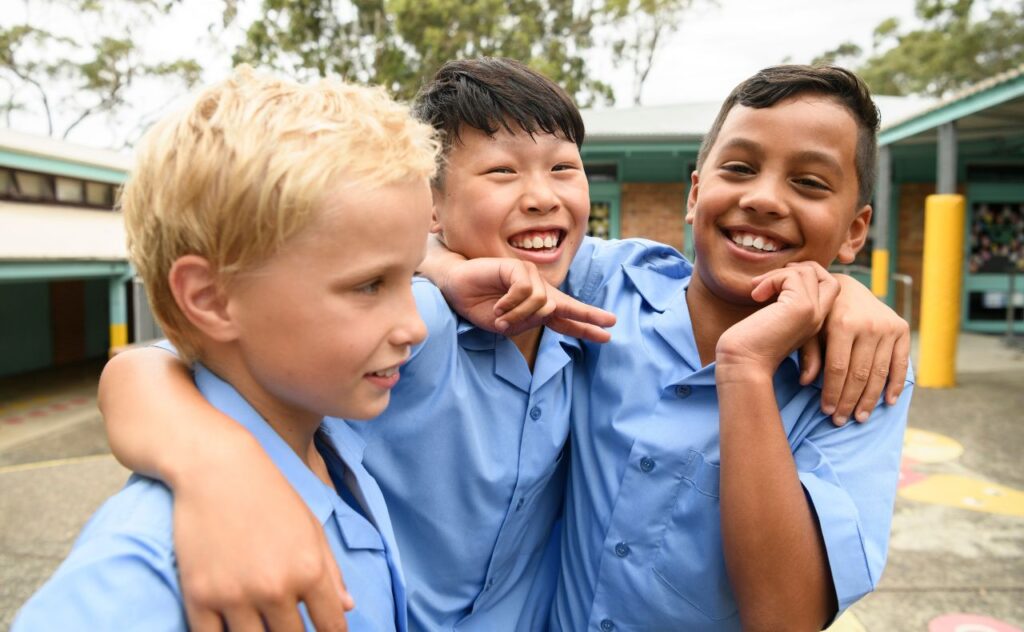Make scholl friends. three school boys in uniform