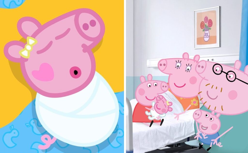 Mummy Pig welcomes baby Evie into the world. 