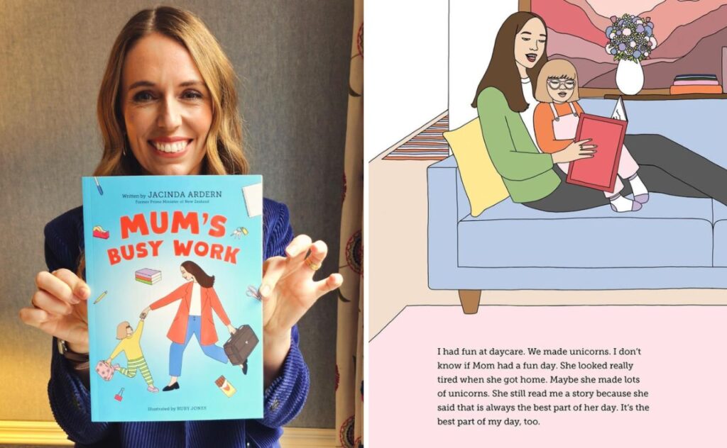 Jacinda Ardern with her children's book Mum's Busy Work