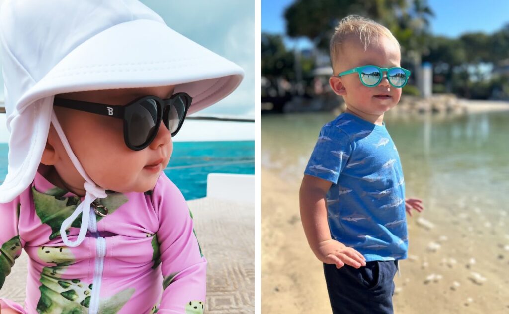 Toddler and baby wearing Babiator sunglasses