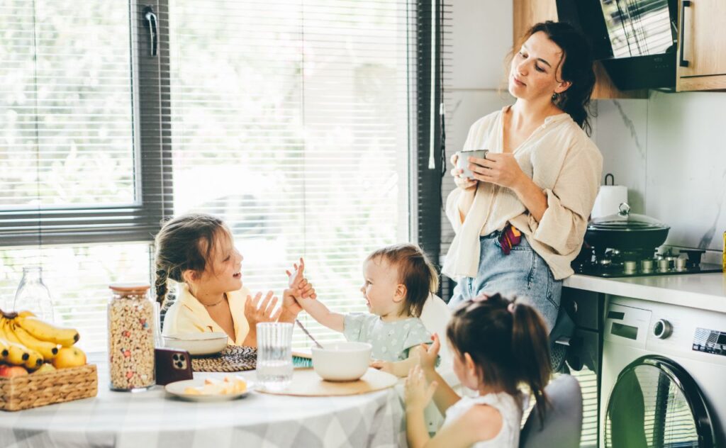 Health tracking: Signs of parent burnout. Tired mother with three kids