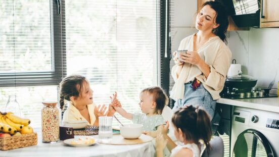 Health tracking: Signs of parent burnout. Tired mother with three kids